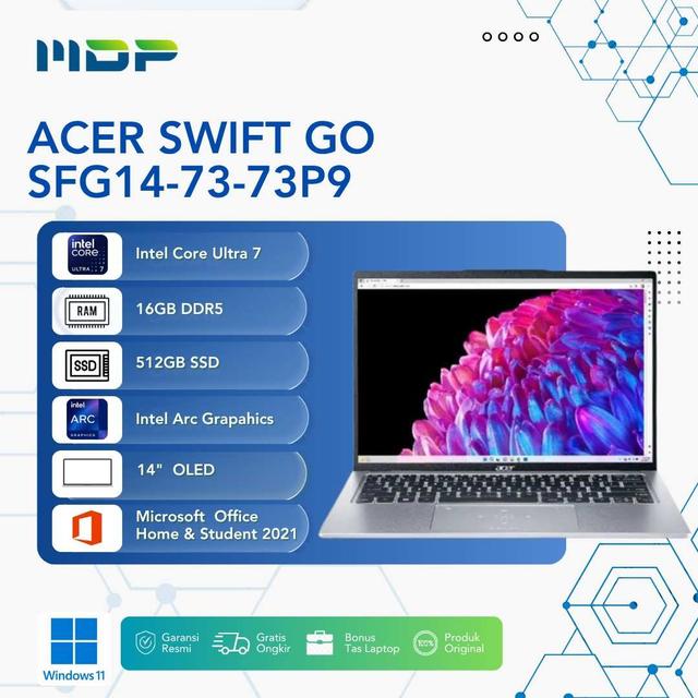 NOTEBOOK ACER SWIFT GO SFG14-73-73P9 : EVO CU7-155H 2.8K OLED 90HZ/16G LPDDR5X/512 GB SSD W11 OHS21 LIGHTNING TOUCHPAD (+SLEVCASE HIJAU)