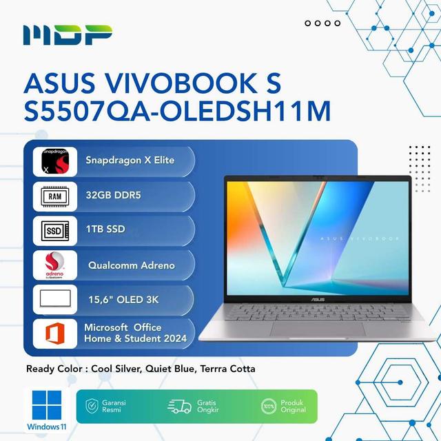 NOTEBOOK ASUS VIVOBOOK S S5507QA-OLEDSH11M (COOL SILVER) : SNAPDRAGON X ELITE X1E78100,UMA,32GB,1TB SSD,15.6" OLED 3K,WIN 11+OHS M365