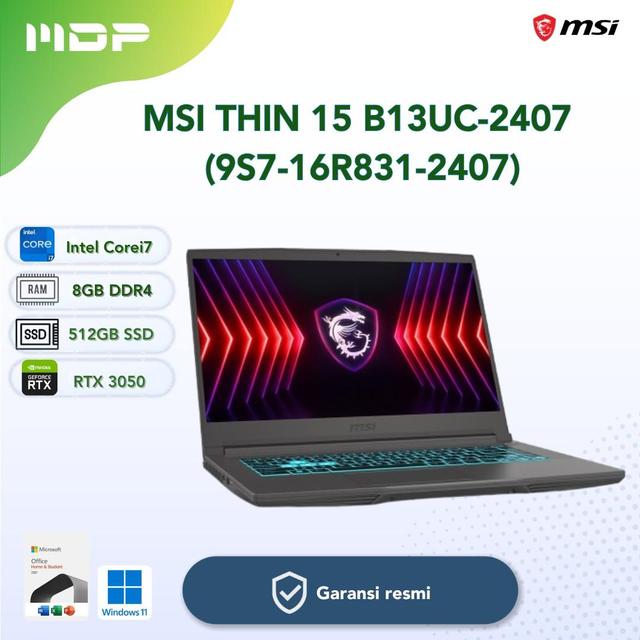 NOTEBOOK MSI THIN 15 B13UC-2407 (9S7-16R831-2407) COSMOS GRAY : INTEL CORE I7-13620H,8GB,512GB SSD PCIE ,RTX3050 4GB,15.6"FHD,WIN 11 HOME