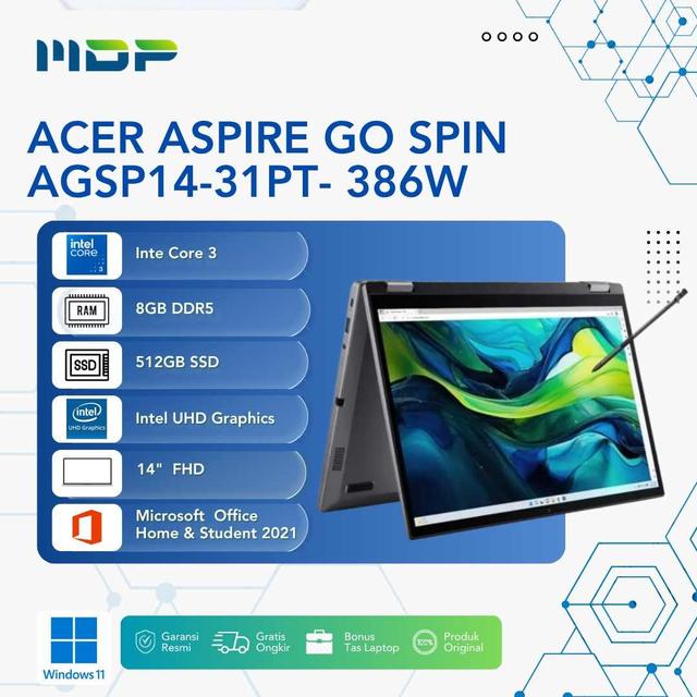 NOTEBOOK ACER ASPIRE GO SPIN AGSP14-31PT- 386W SILVER : CORE 3- N355 8GB 512SSD 14" TOUCH INTEL GRAPIHCS W11 OHS21 (BACKPACK) (INCLUDE:BN1394)