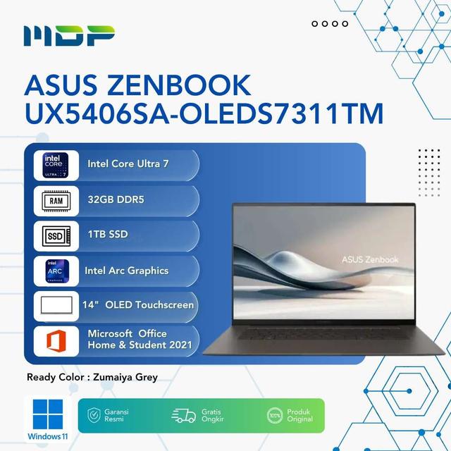 NOTEBOOK ASUS ZENBOOK UX5406SA-OLEDS7311TM (ZUMAIYA GREY) : INTEL CORE ULTRA 7-258V,32GB DDR5,1TB SSD PCIE,14" OLED 3K TOUCH SCREEN,WIN 11 HOME+OHS+O365 BASIC