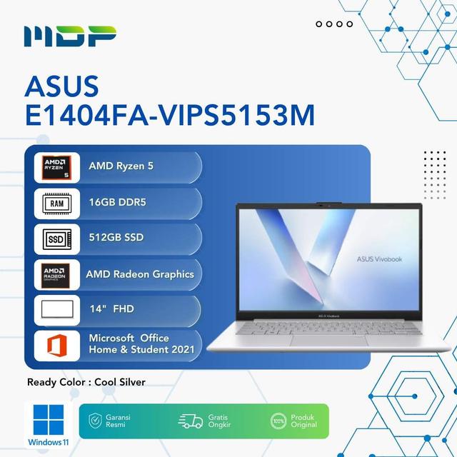 NOTEBOOK ASUS E1404FA-VIPS5153M (COOL SILVER) : AMD R5-7520U,UMA,16GB,512GB SSD,VIPS FHD,WIN 11+OHS+M365