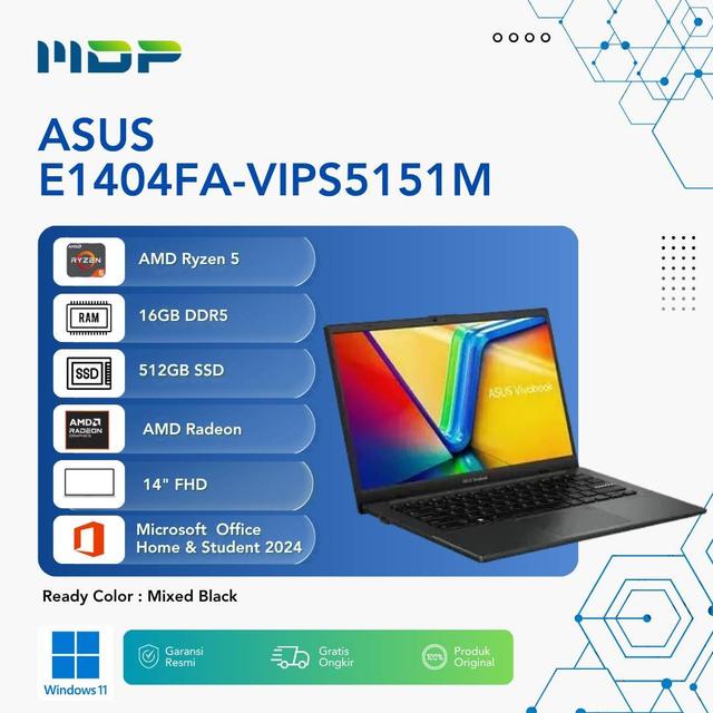 NOTEBOOK ASUS E1404FA-VIPS5151M (MIXED BLACK) : AMD R5-7520U,UMA,16GB,512GB SSD,VIPS FHD,WIN 11+OHS+M365