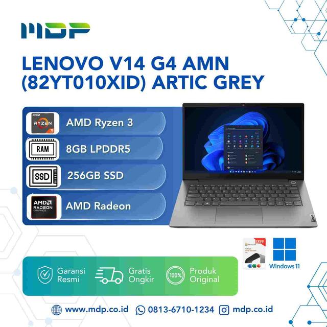 NOTEBOOK LENOVO V14 G4 AMN (82YT010XID) ARTIC GREY : AMD R3-7320U,8GB,256GB SSD,14"FHD,WIN 11 (TAS T70423/BACKPACK-Q17225/4313)