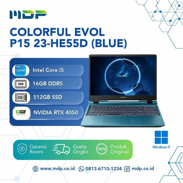 NOTEBOOK COLORFUL EVOL P15 23-HE55D (BLUE) : INTEL CORE I5-12450H ,1X16GB DDR5 4800,512GB SSD NVME ,RTX 4050 6GB GDDR6 ,15,6" FHD ,WIN 11 HOME (BACKPACK BLACK)