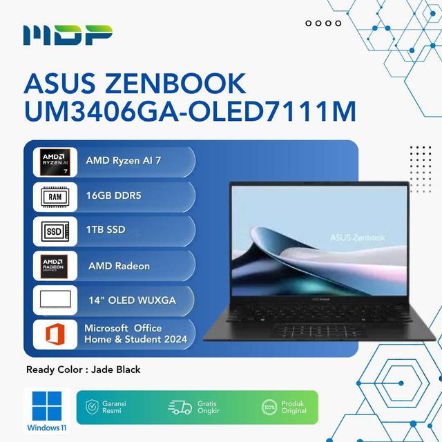 NOTEBOOK ASUS ZENBOOK UM3406GA-OLED7111M (JADE BLACK) : AMD RYZEN AI 7-445,UMA,16GB,1TB SSD,OLED 2K,WIN 11+OHS+M365
