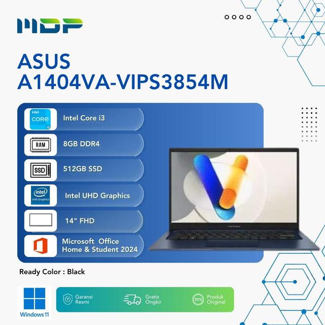 NOTEBOOK ASUS A1404VA-VIPS3854M (BLACK) : INTEL CORE I3-1315U,UMA,DDR5 8GB,512GB SSD,14"FHD,WIN 11+OHS 2024+M365