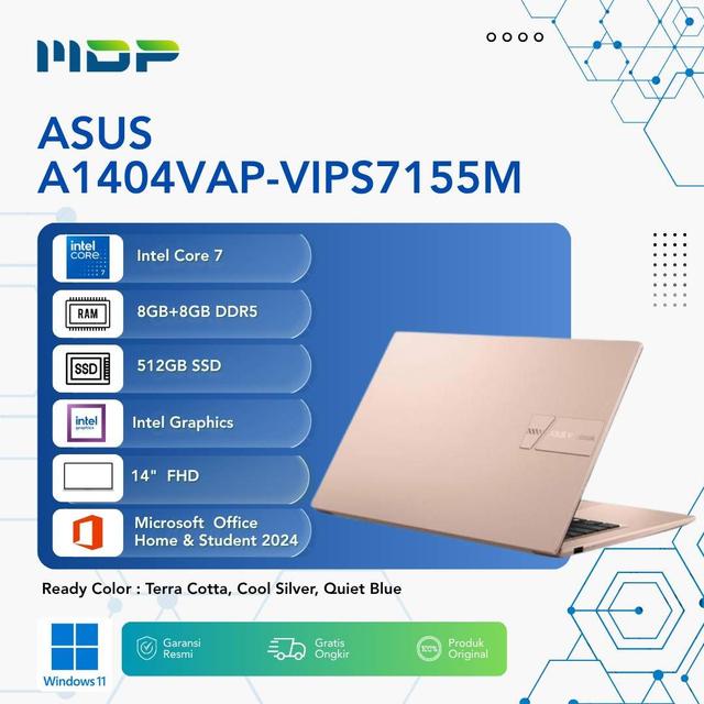 NOTEBOOK ASUS A1404VAP-VIPS7155M (TERRA COTTA) : INTEL CORE 7-150U,UMA,8GB+8GB,512GB SSD,VIPS,FHD,WIN 11 + OHS 2024+FREE M365