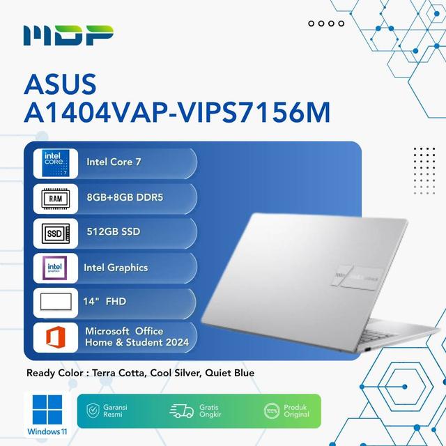 NOTEBOOK ASUS A1404VAP-VIPS7156M (COOL SILVER) : INTEL CORE 7-150U,UMA,8GB+8GB,512GB SSD,VIPS,FHD,WIN 11 + OHS 2024+FREE M365