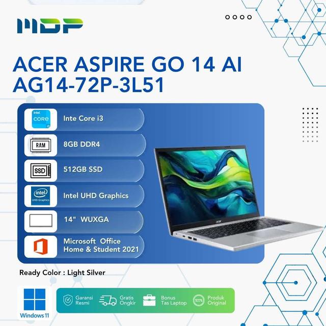 NOTEBOOK ACER ASPIRE GO 14 AI AG14-72P-3L51 (LIGHT SILVER) : INTEL CORE I3-1315U,8GB DDR4,512GB SSD NVME,14",WINDOWS 11 (BACKPACK)
