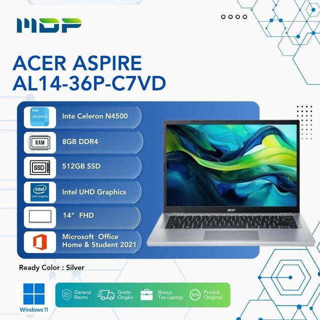 NOTEBOOK ACER ASPIRE AL14-36P-C7VD (LUNAR GREY) : INTEL CELERON N4500,8GB,512GB SSD,INTEL UHD GRAPHICS,14"WUXGA,WIN 11 HOME+OHS 2021 (BACKPACK)