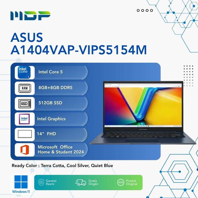 NOTEBOOK ASUS A1404VAP-VIPS5154M (QUIET BLUE) : INTEL CORE 5-120U,8GB+8GB DDR5 UPGRADEABLE,512GB PCIE SSD,14"VIPS,WIN 11 HOME+OHS 2024+O365 BASIC (1YEAR FREE TRIAL)