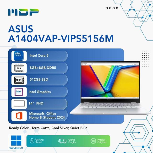 NOTEBOOK ASUS A1404VAP-VIPS5156M (COOL SILVER) : INTEL CORE 5-120U,8GB+8GB DDR5 UPGRADEABLE,512GB PCIE SSD,14"VIPS,WIN 11 HOME+OHS 2024+O365