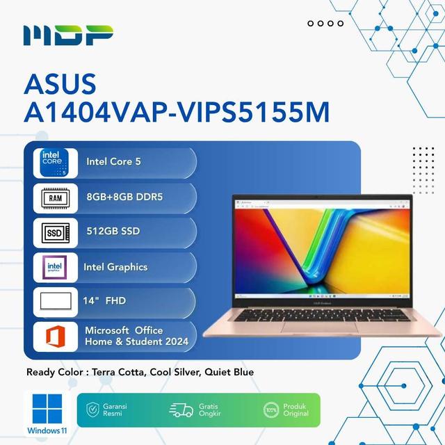 NOTEBOOK ASUS A1404VAP-VIPS5155M (TERRA COTTA) : INTEL CORE 5-120U,8GB+8GB DDR5 UPGRADEABLEL,512GB PCIE SSD,14"VIPS,WIN 11 HOME+OHS 2024+O365