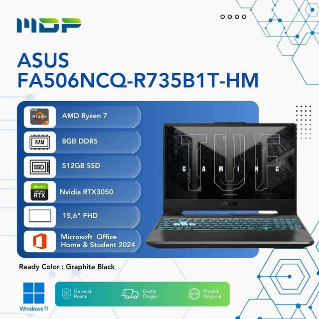 NOTEBOOK ASUS FA506NCQ-R735B1T-HM (GRAPHITE BLACK) : AMD R7-170,8GB,512GB SSD,RTX3050 4GB,FHD 144HZ,WIN 11 HOME+OHS 2024+M365