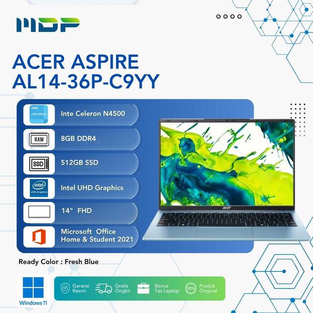 NOTEBOOK ACER ASPIRE AL14-36P-C9YY (FRESH BLUE) : INTEL CELERON N4500,8GB DDR4,512GB SSD, FHD IPS,WIN 11+OHS+FREE M365 BASIC 1 YEAR (+BACPACK)