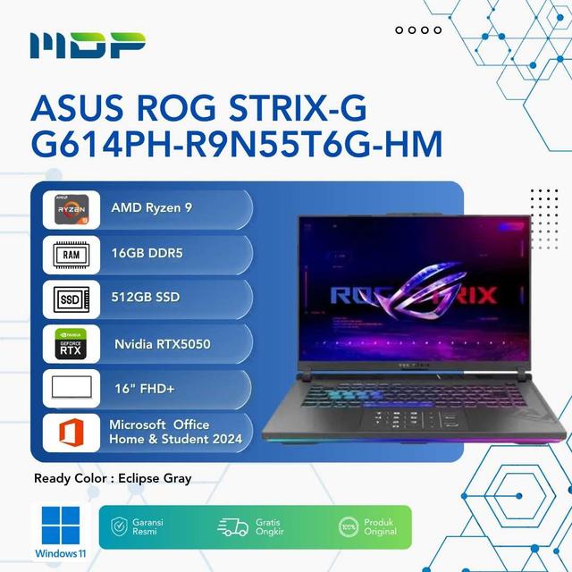 NOTEBOOK ASUS ROG STRIX-G G614PH-R9N55T6G-HM (ECLIPSE GRAY) : AMD R9-8940HX,16GB,512GB SSD,RTX 5050 8GB,WIN 11+OHS 2024+M365