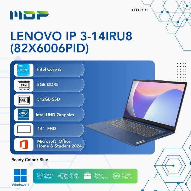 NOTEBOOK LENOVO IP 3-14IRU8 (82X6006PID) BLUE : INTEL CORE I3-1315,8GB,512GB SSD,14.0"FHD,WIN 11+OHS+M365 BASIC (BACKPACK 4314)