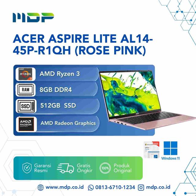 NOTEBOOK ACER ASPIRE LITE AL14-45P-R1QH (ROSE PINK) : AMD R3-5400U,8GB,512GB SSD,AMD RADEON GRAPHICS,14"WUXGA,WIN 11 HOME+OHS (BACKPACK)