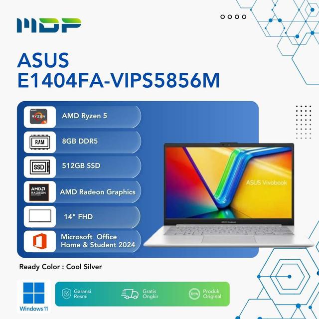 NOTEBOOK ASUS E1404FA-VIPS5856M (COOL SILVER) : AMD R5-40,UMA,8GB,512GB,VIPS,FHD,WIN 11+OHS 2024+M365 FREE 2Y GLOBAL