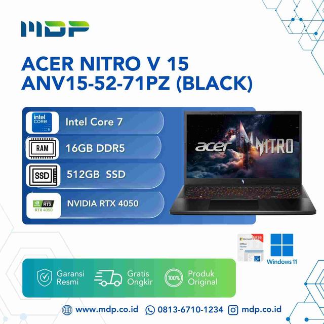NOTEBOOK ACER NITRO V 15 ANV15-52-71PZ (BLACK) : INTEL CORE  7-240H,2X8GB,512GB SSD,RTX4050,15.6"WUXGA 100%SRGB,WIN 11+OHS (BACKPACK BATIK)