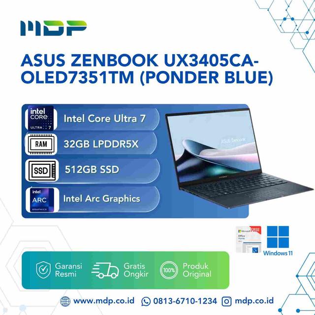 NOTEBOOK ASUS ZENBOOK UX3405CA-OLED7351TM (PONDER BLUE) : INTEL CORE ULTRA 7-255H,UMA,32GB,512GB SSD,OLED,2K,WIN 11+OHS 2024+M365