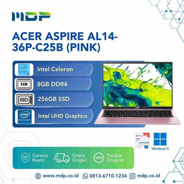 NOTEBOOK ACER ASPIRE AL14-36P-C25B (PINK) : INTEL CELERON N4500,8GB DDR4,256GB SSD, WIN 11+OHS 2024 (BACKPACK)